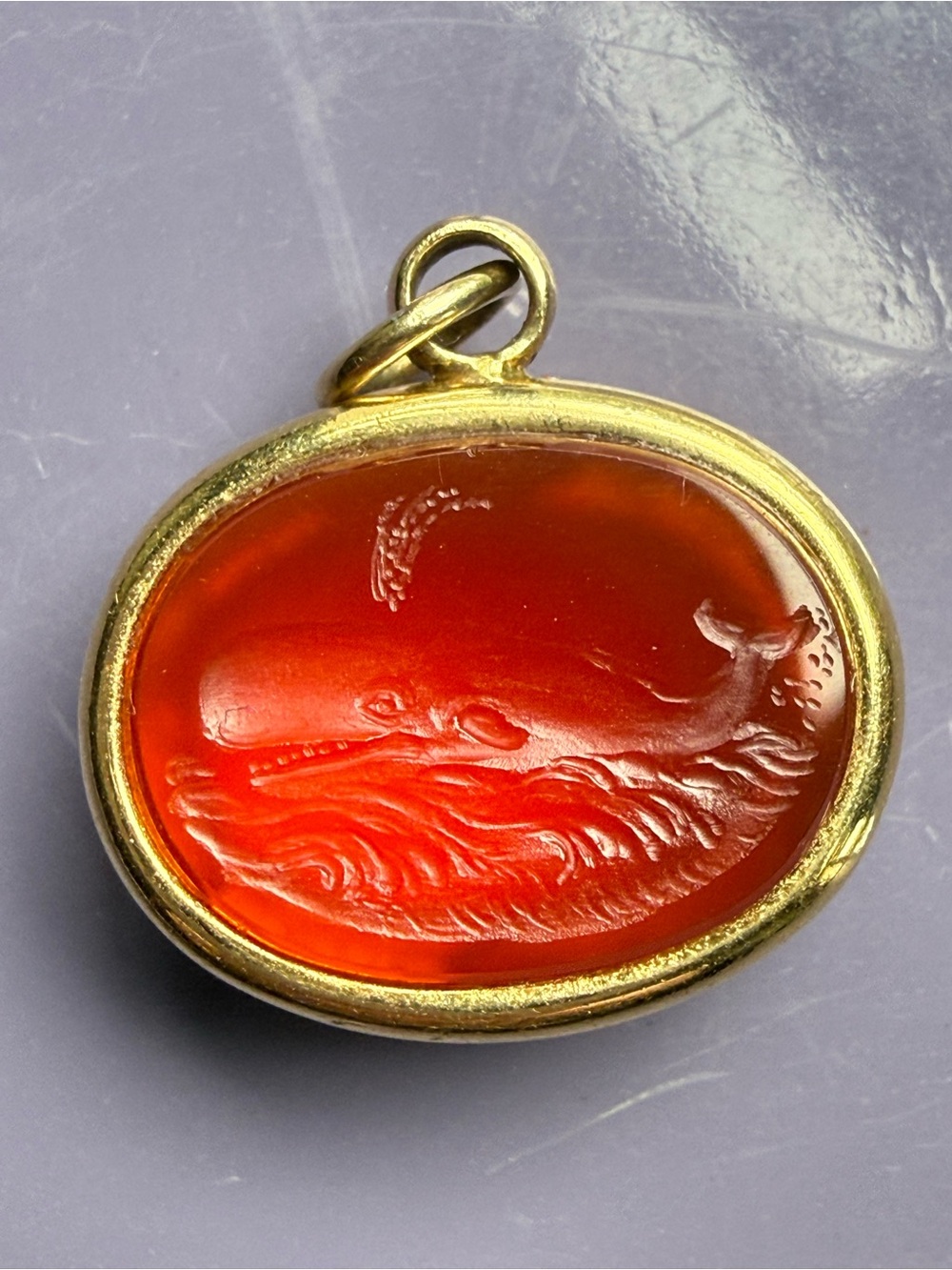 Vintage one-of-a-kind 18K Gold + Red Carnelian Oval Whale Intaglio Pendant